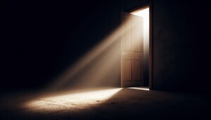 Une pièce complètement noire, avec un rayon de lumière (naturelle ou projecteur) qui entre par une porte entrouverte ou une fissure, révélant la poussière en suspension dans l’air ou un objet oublié dans l’ombre.