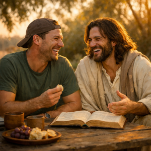 Deux hommes assis à une table en bois à l'extérieur, riant ensemble autour d'une Bible ouverte et d'un repas partagé, baignés d'une lumière dorée au coucher du soleil — illustrant une amitié chaleureuse et naturelle avec Jésus.