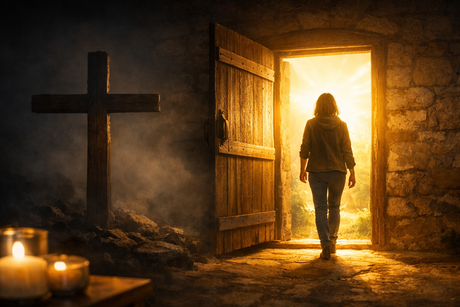 Silhouette marchant vers une porte de lumière avec une croix — la résurrection de Jésus ouvre une vie nouvelle
